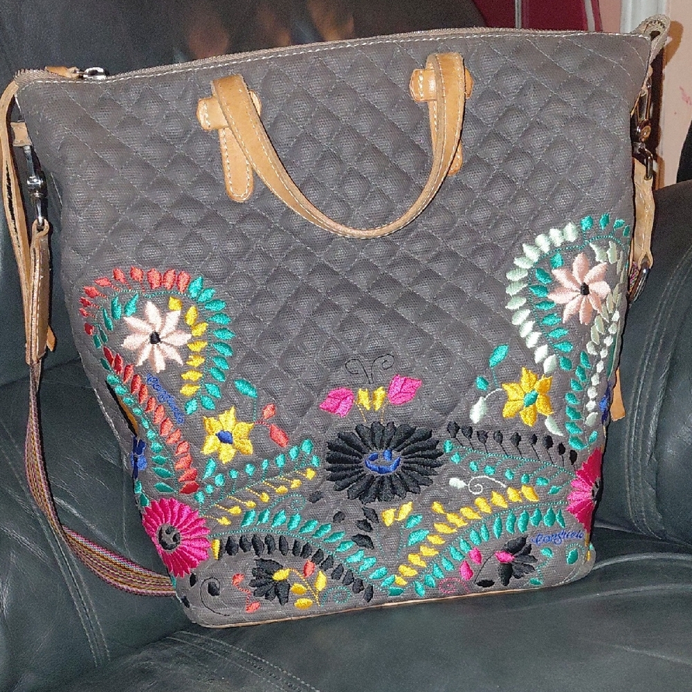 Consuela Gray Tote with Colorful Embroidery